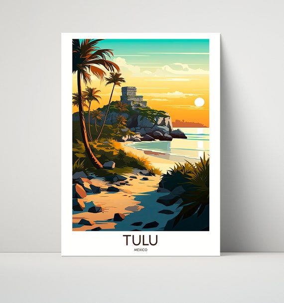 Tulu Mexico Mayan Ruin Cliff Sunset Beach Travel Illustrated Poster