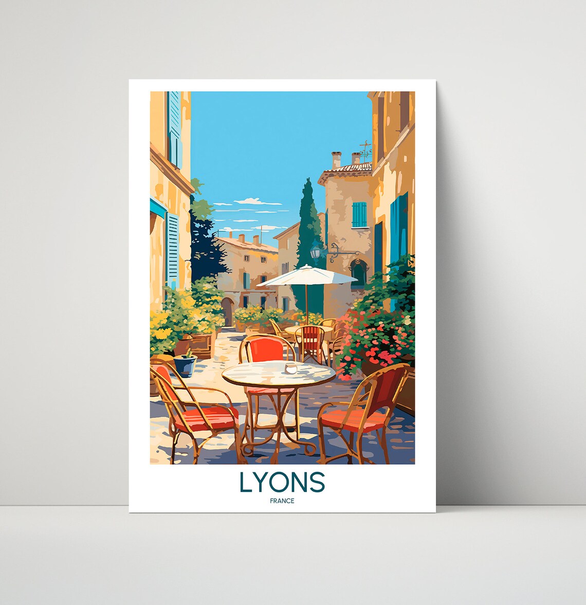 Lyons France Charming Sunlit Old Town Cafe Courtyard Travel Poster