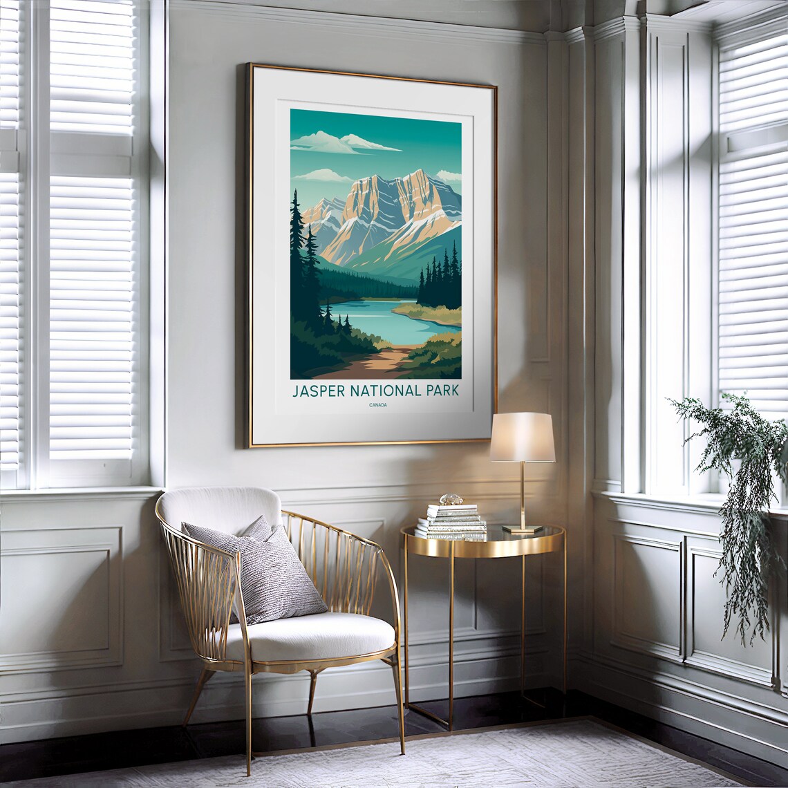 Jasper National Park Canada Turquoise Lake Peaks Illustrated Travel Poster - Image 2