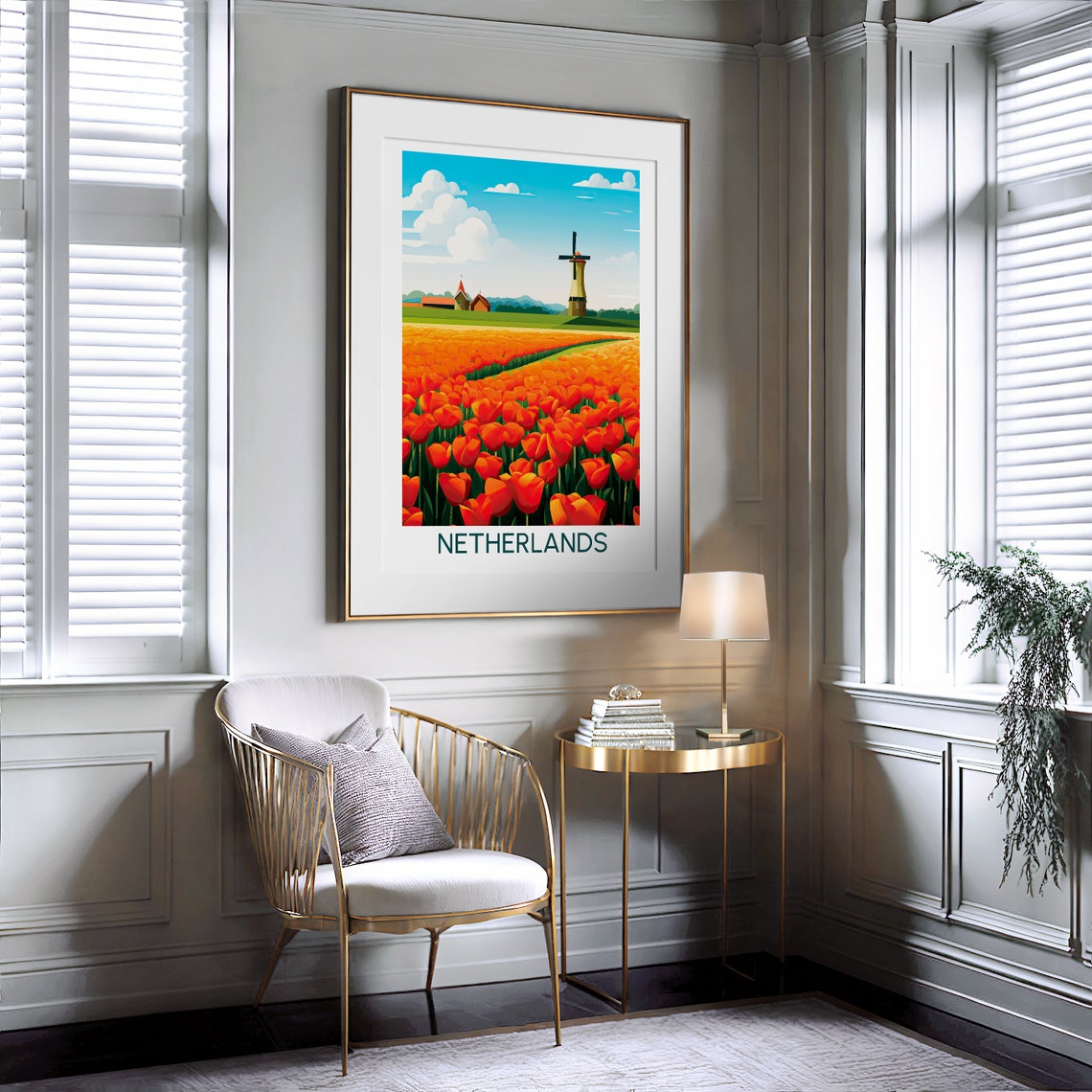 Netherlands Tulip Field Windmill Spring Travel Illustration Poster - Image 2