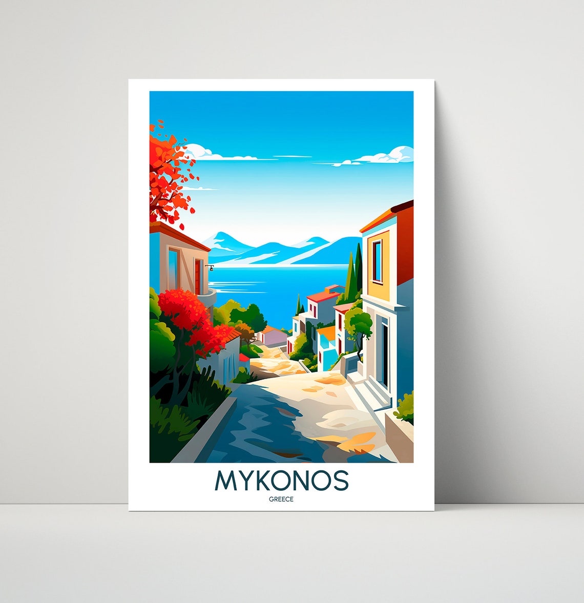 Mykonos Greece Hillside Street Sea View Illustrated Travel Poster