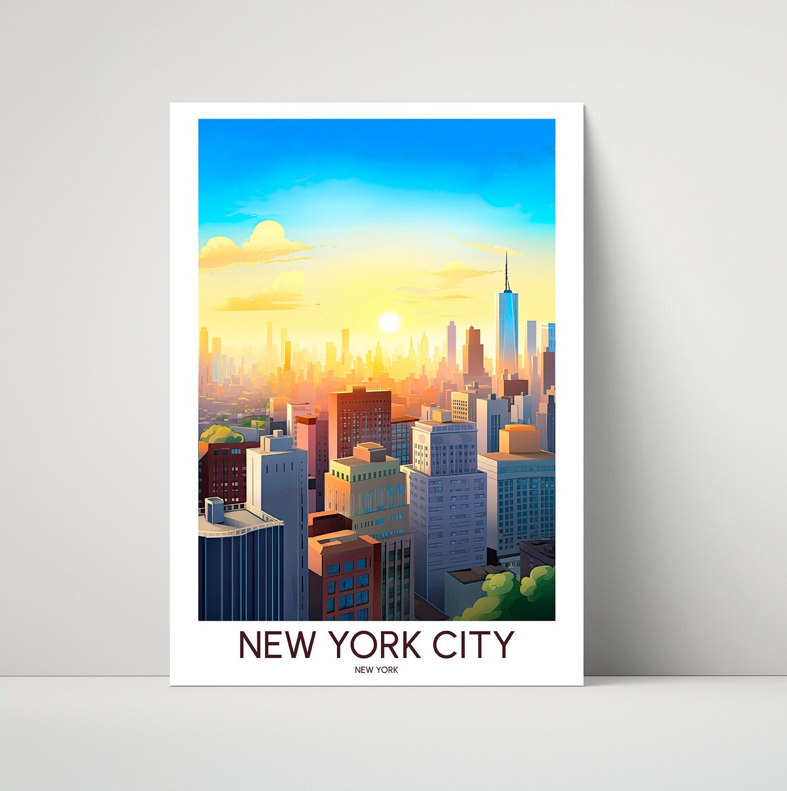 New York City Sunrise Skyline One World Trade Center Travel Poster