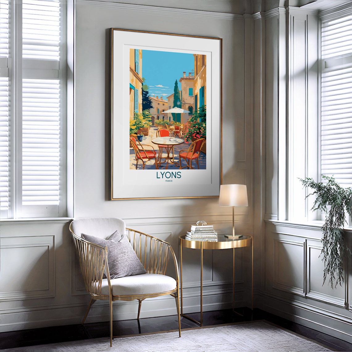 Lyons France Charming Sunlit Old Town Cafe Courtyard Travel Poster - Image 2