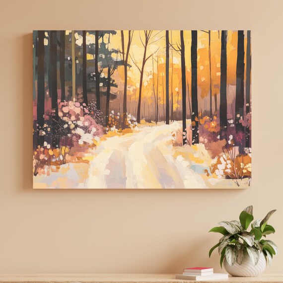 Snowy Landscape Wall Art Warm Tone Winter Forest Print Vibrant Impressionism Horizontal Art For Cozy Nature Home Decor