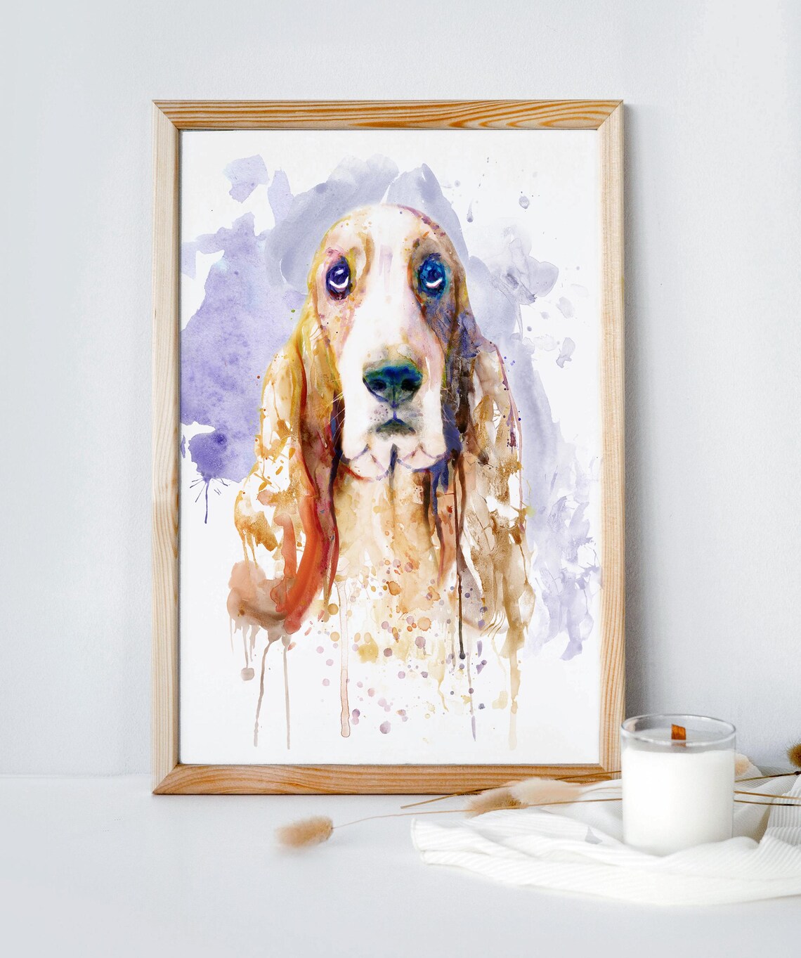 Basset Hound Watercolor Portrait Painting Poster With Paint Drips