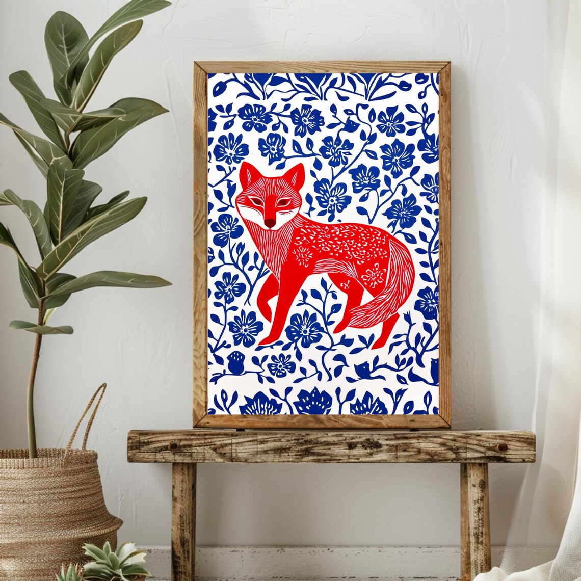 Vivid Red Fox Folk Art Linocut Blue Floral Woodland Scene Poster - Image 6