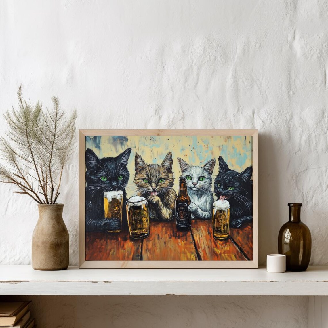 Four Funny Cats Sharing Frothy Beers at Wooden Pub Table Wall Art - Image 2