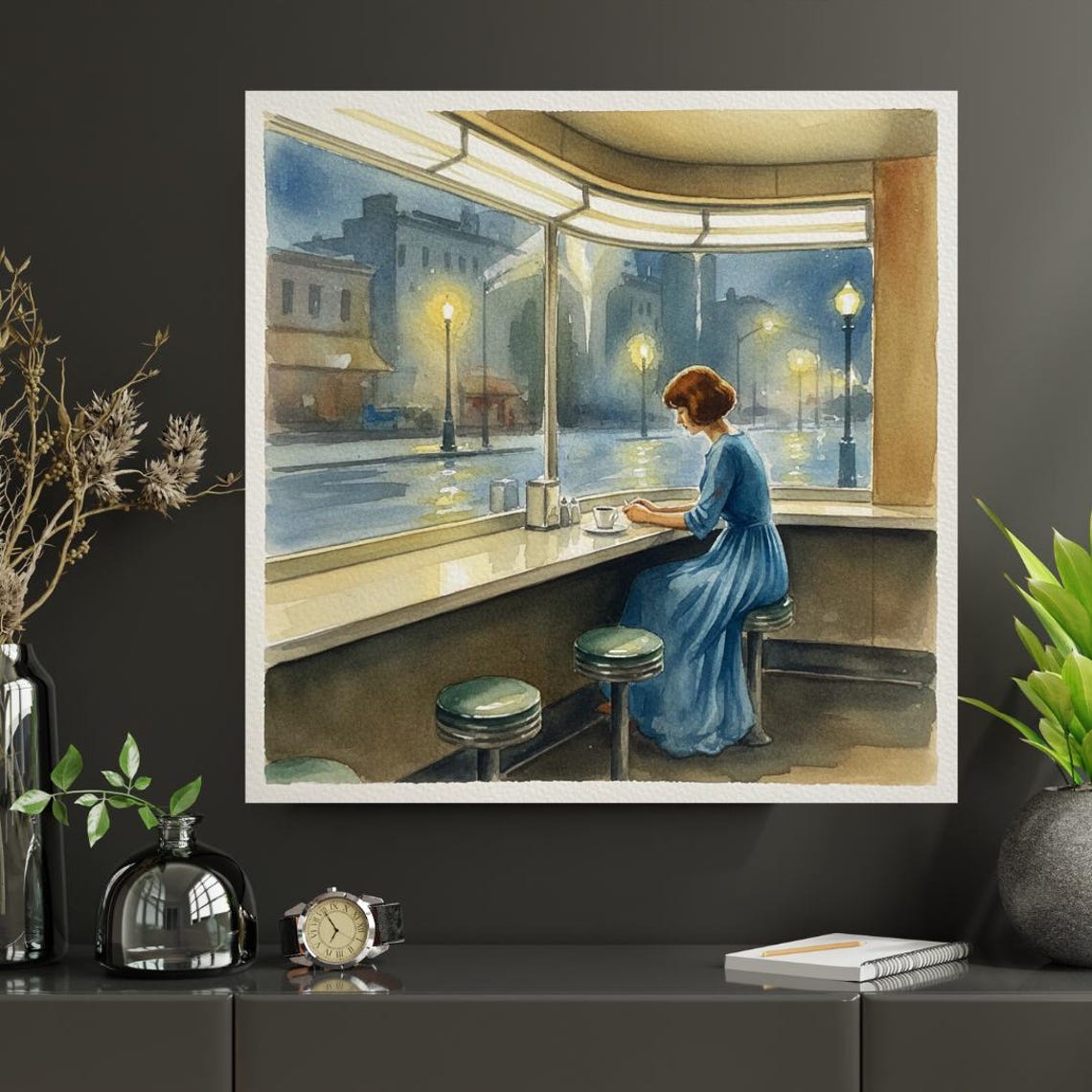 Edward Hopper Style Print Lady In Cafe Vintage Wall Art