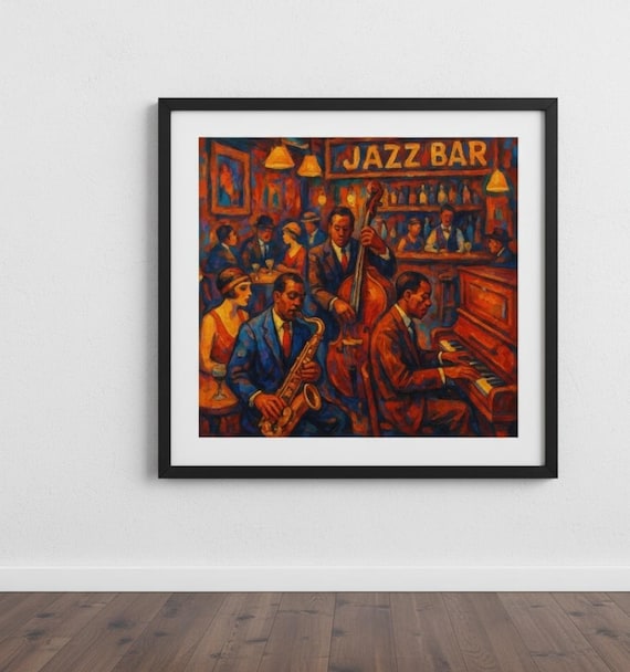 Jazz Bar Saxophone Trio Warm Oil Painting Live Music Night Club Poster