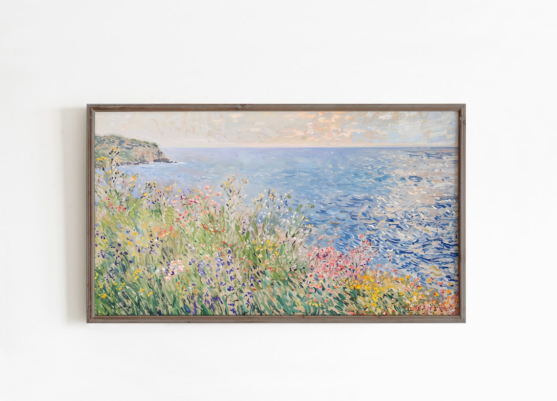 Coastal Wildflowers Over Blue Ocean Impressionist Seascape Wall Art - Image 2