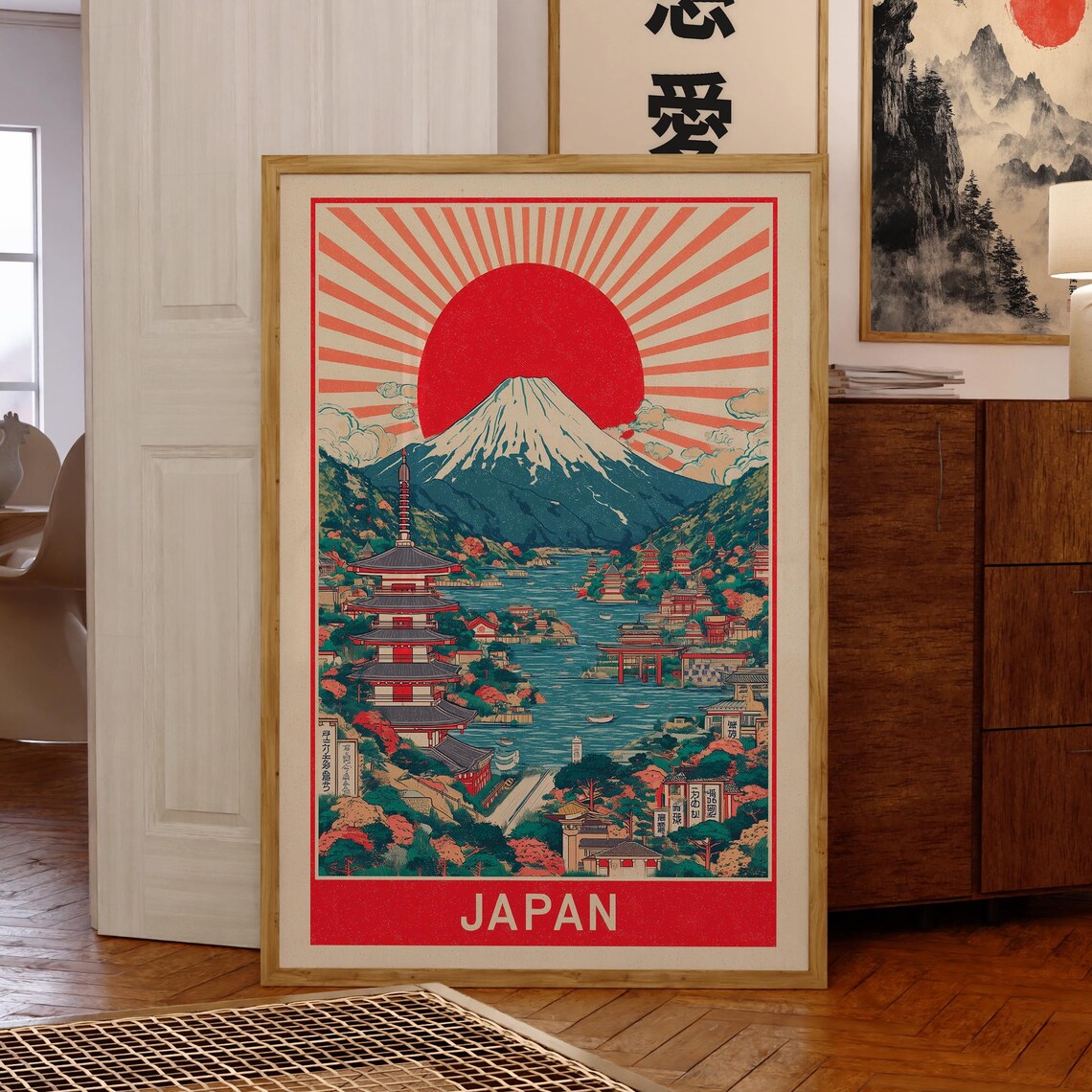 Japan Retro Vintage Mount Fuji Rising Sun Pagoda Town Poster
