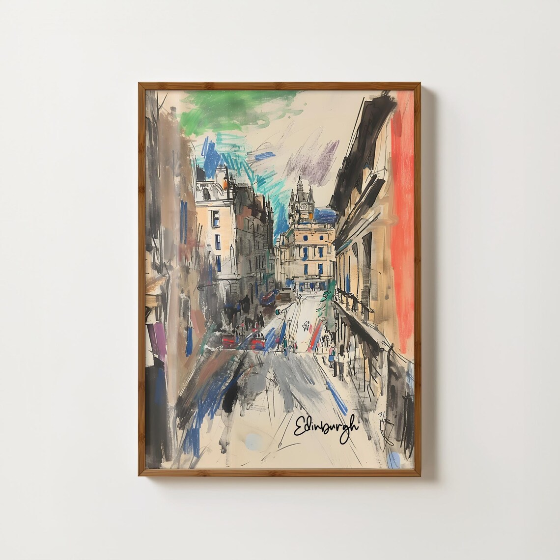 Edinburgh Old Town Street In Loose Colorful Sketch Style Art Poster