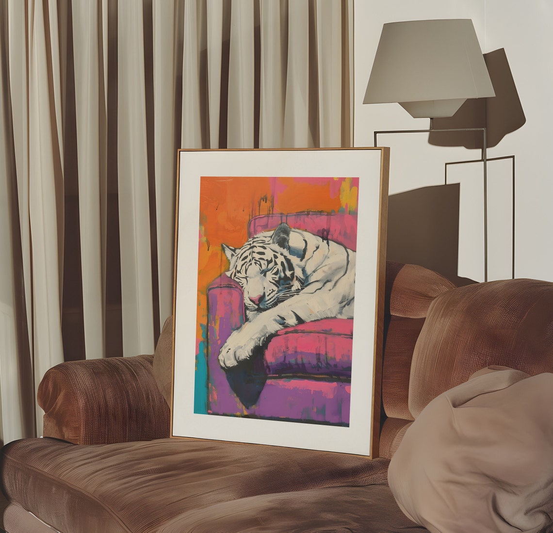White Tiger Napping On Pink Couch Neon Pop Colorful Art Poster - Image 3