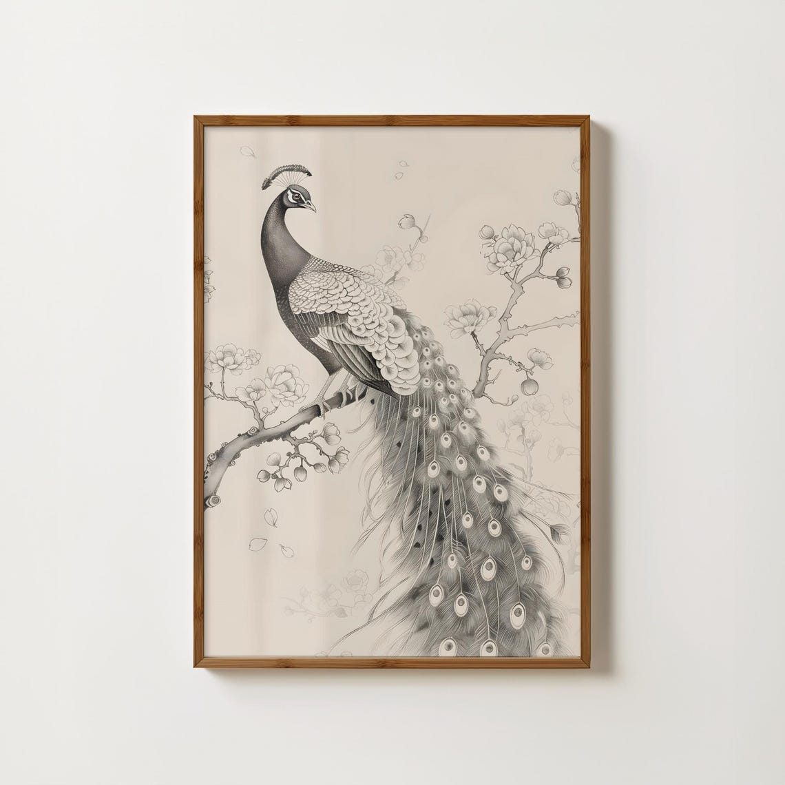 Peacock Perched On Blossom Branch Japanese Ink Wash Style Poster