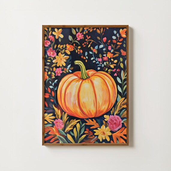 Golden Pumpkin in Fall Florals Dark Navy Botanical Art Poster
