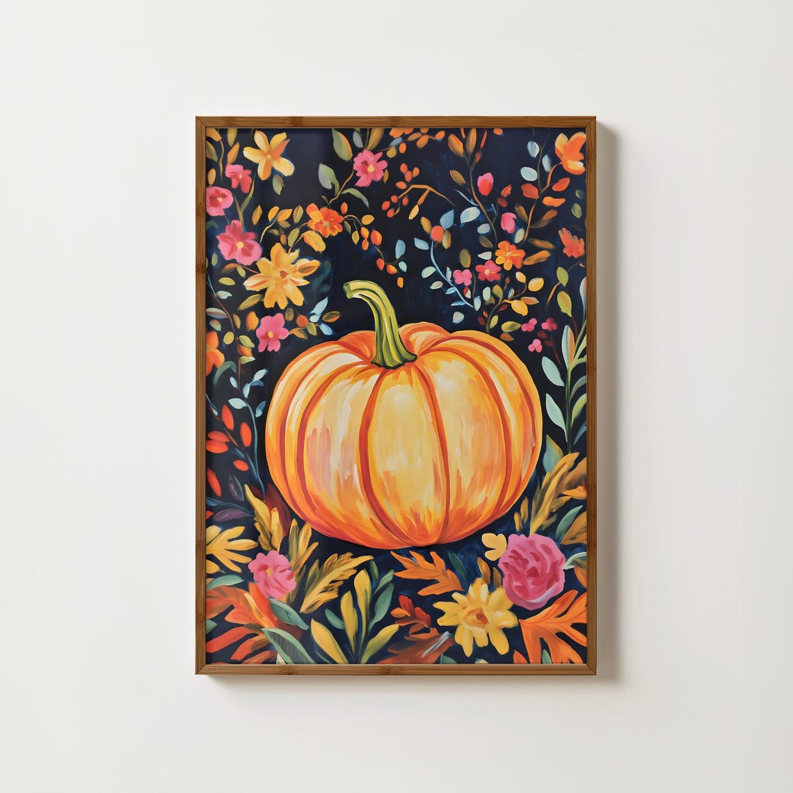 Golden Pumpkin in Fall Florals Dark Navy Botanical Art Poster