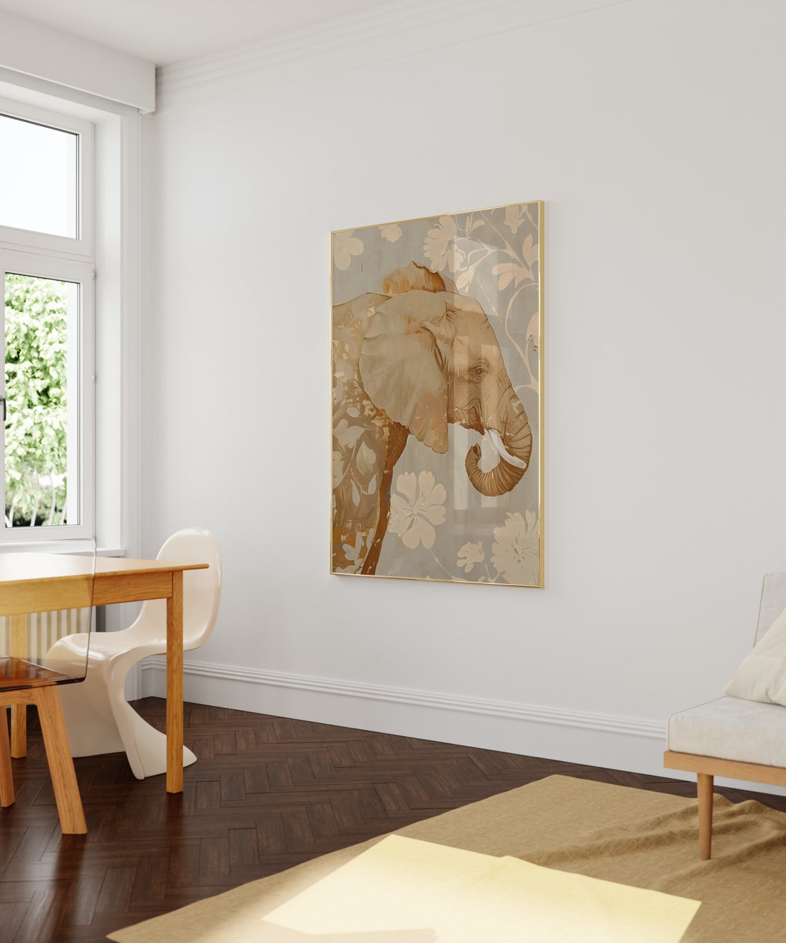 Golden Elephant Profile Painting with Cream Floral Detail Poster - Image 4