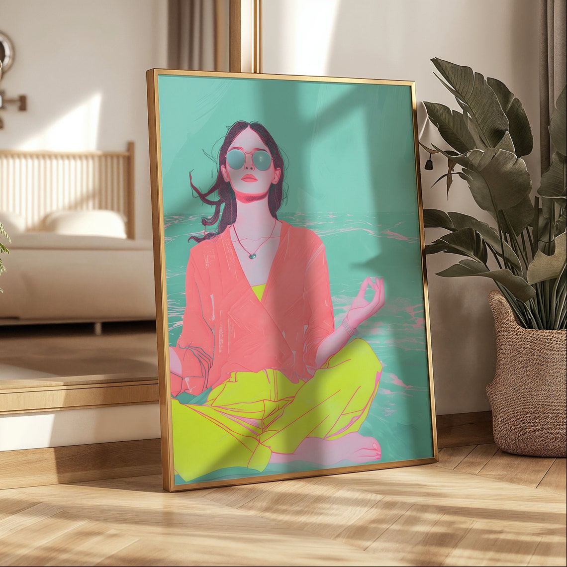 Beach Meditation Pop Art Woman Teal Pink Wellness Calm Poster - Image 4