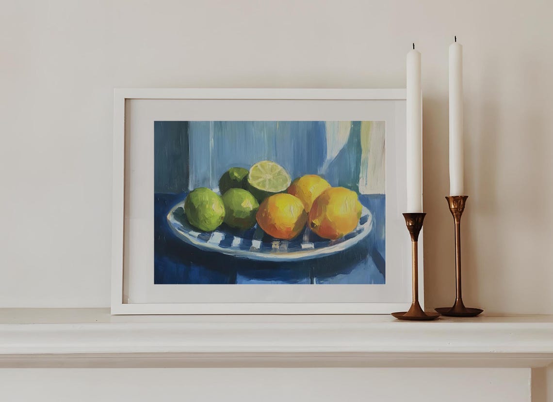 Lemons And Limes On Blue Plate Impressionist Still Life Fruit Poster - Image 3