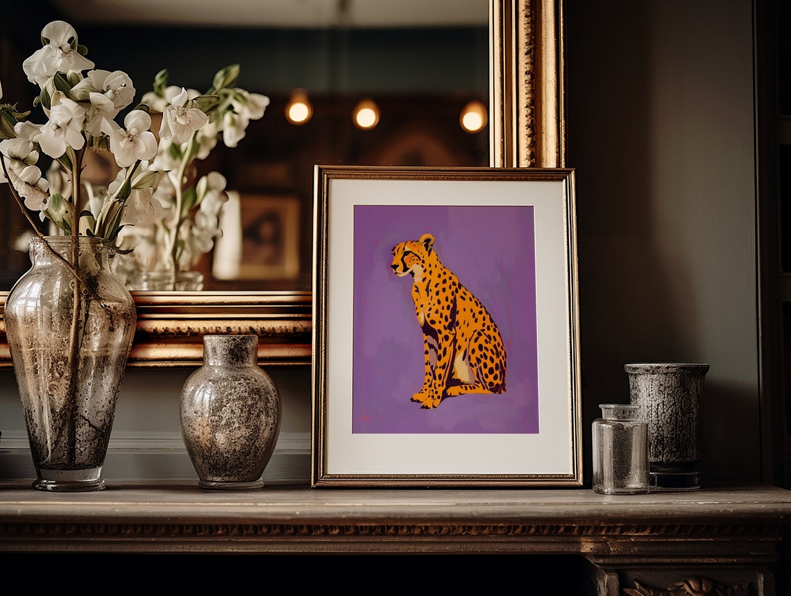 Orange Cheetah Sitting On A Vivid Purple Maximalist Art Poster - Image 2