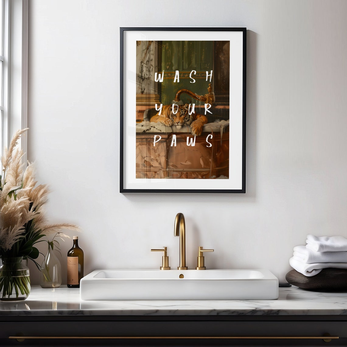 Tiger In Bathtub Wash Your Paws Funny Quote Bathroom Art Poster - Image 4