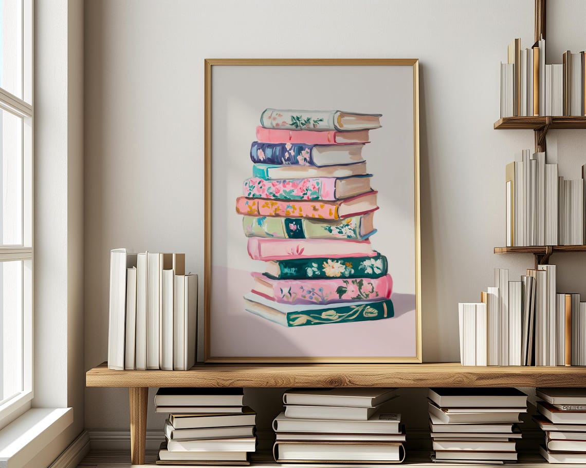 Pastel Floral Covered Book Stack Cozy Reading Nook Art Print - Image 4
