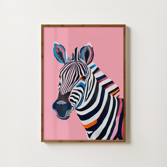 Colorful Zebra Head Portrait on Pink Pop Art Statement Wall Poster