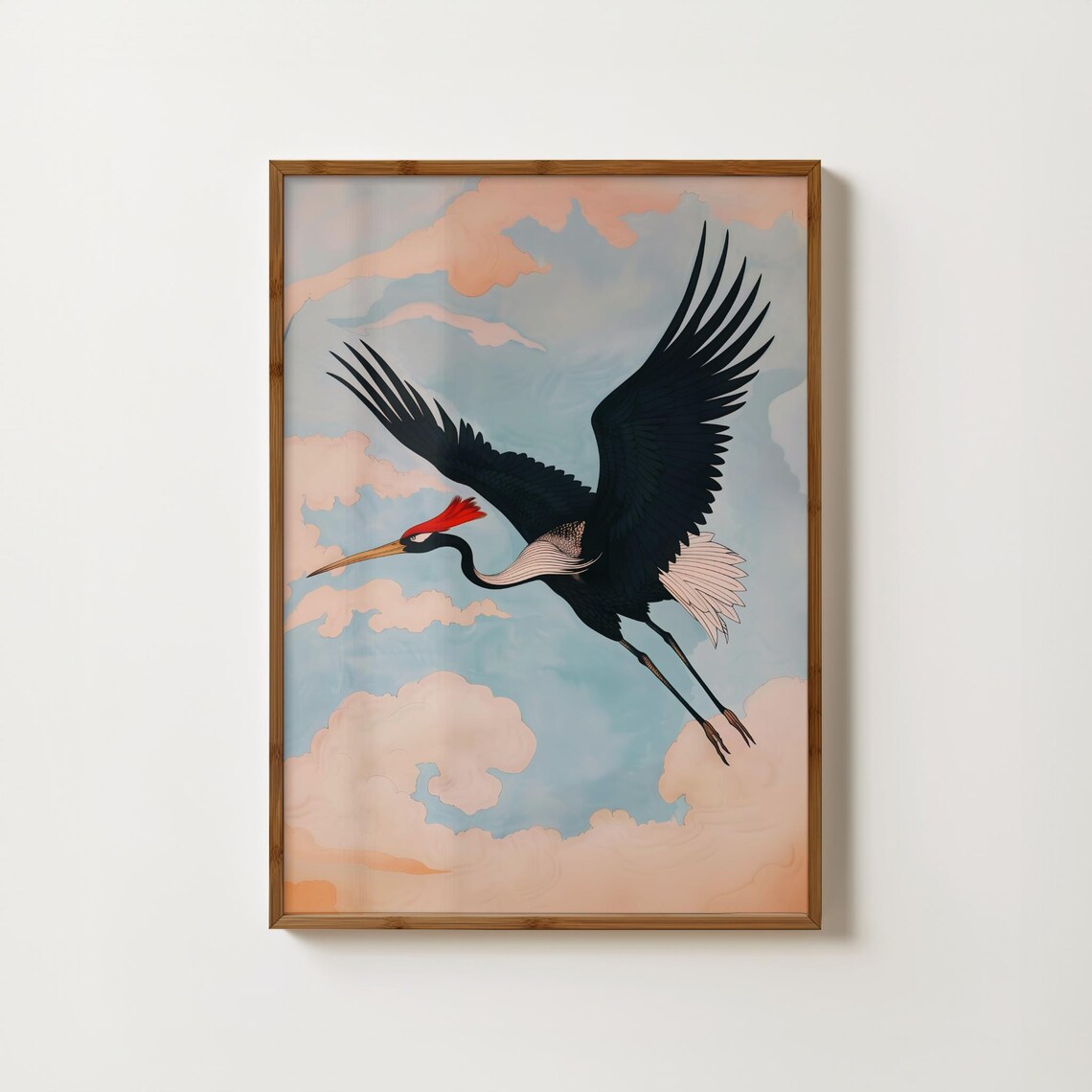 Flying Crane Soaring In Japanese Style Pastel Cloudy Sky Art Print