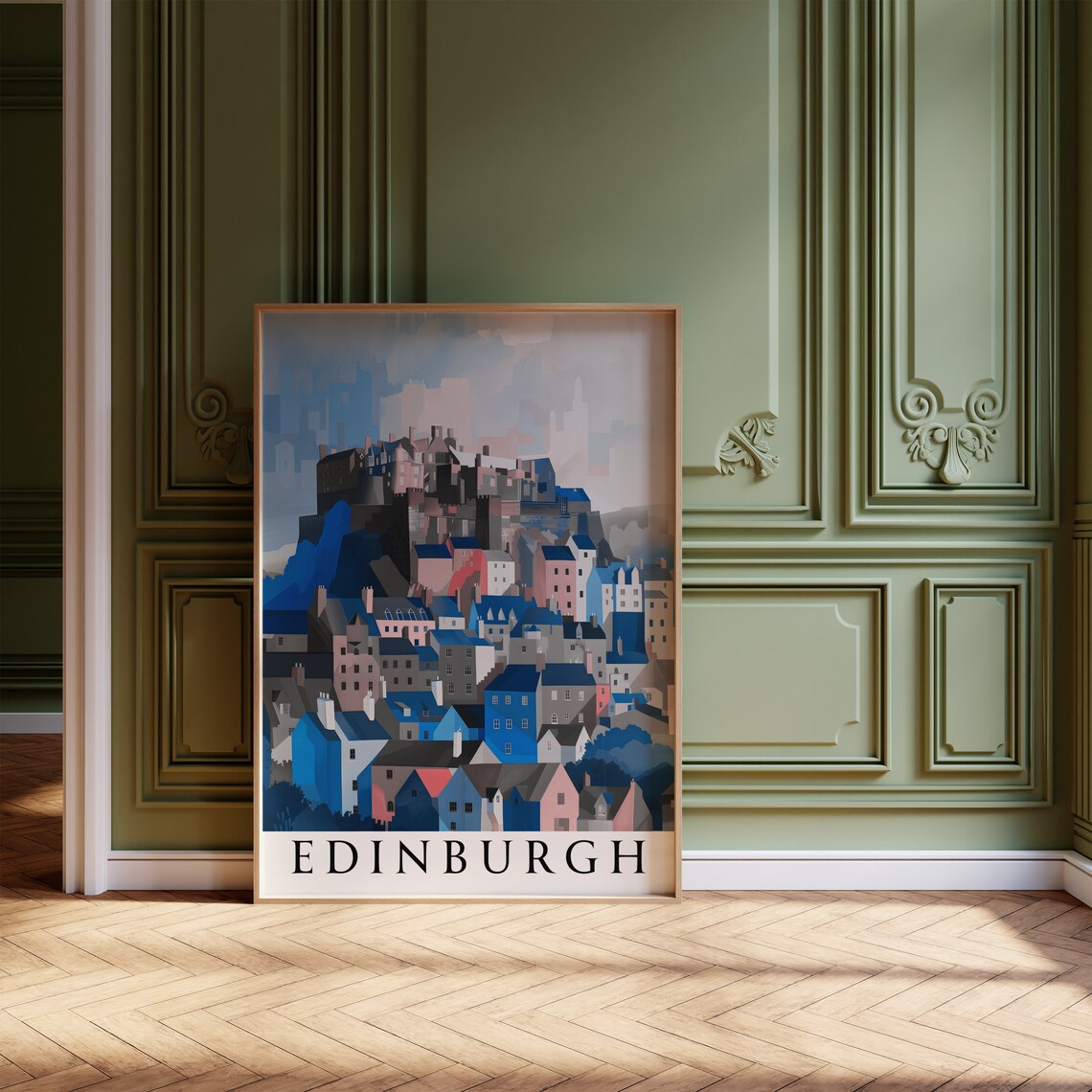 Edinburgh Castle Cubist Blue Pink Cityscape Travel Art Poster - Image 4