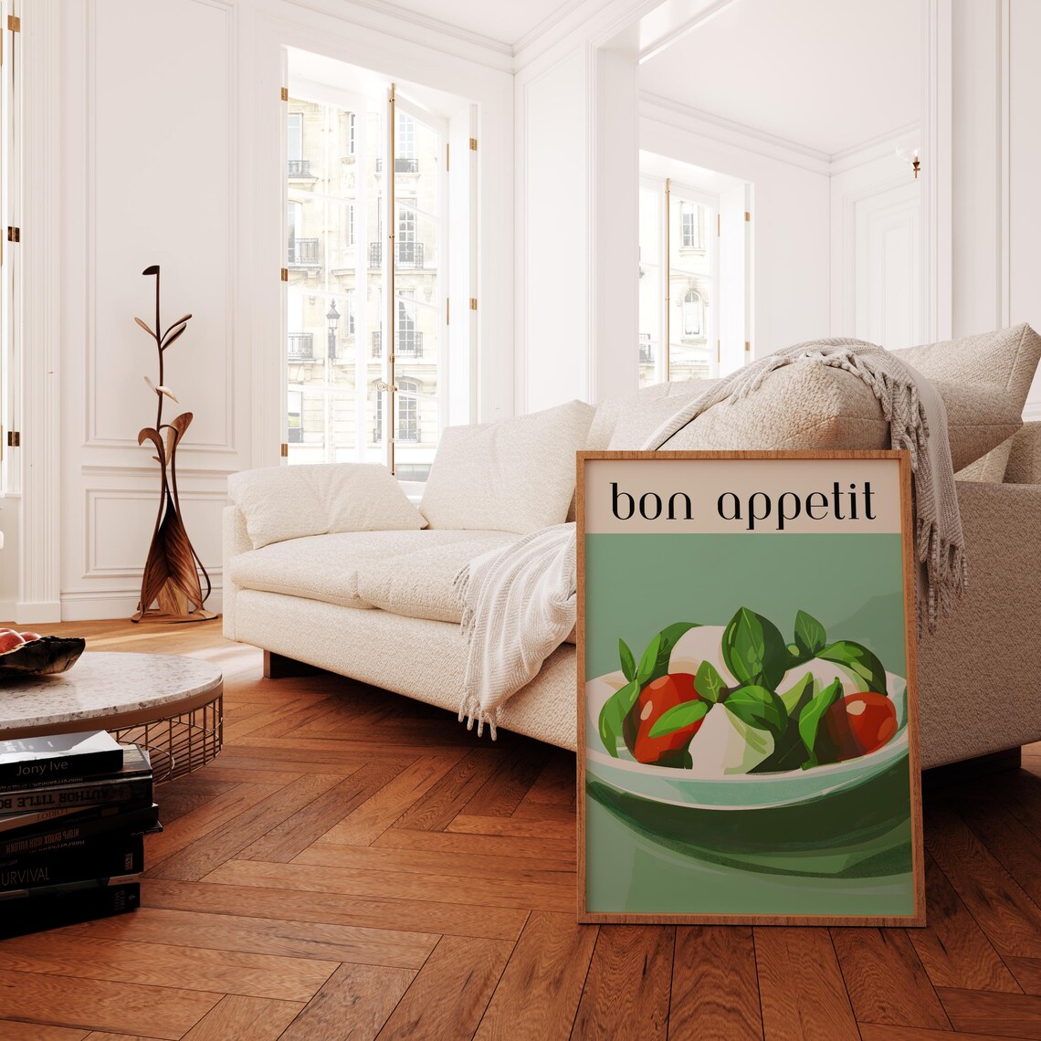 Bon Appetit Print Tomato Mozzarella Print Dining Print Dinner Table Print Mediterranean Wall Art Kitchen Food Painting Green Kitchen Prints - Image 4
