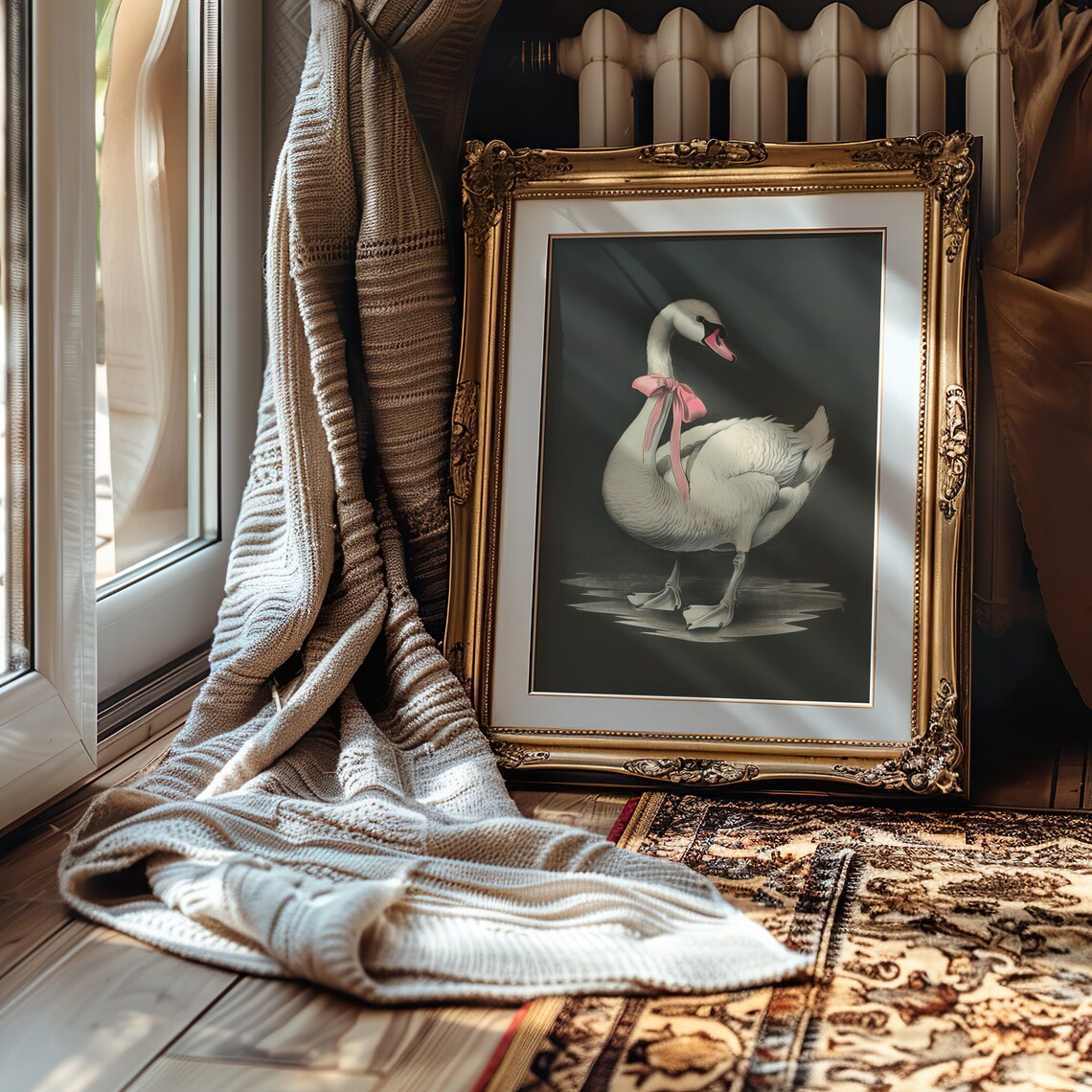 Standing White Swan With Pink Ribbon Antique Style Art Poster - Image 3