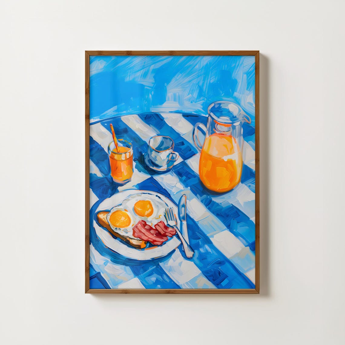 Bacon And Eggs Breakfast Spread On Blue Checkered Table Art Poster