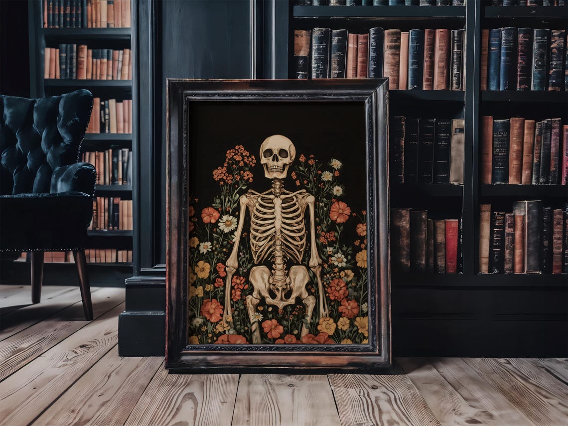 Skeleton Standing In Wildflowers Dark Moody Botanical Art Poster - Image 2