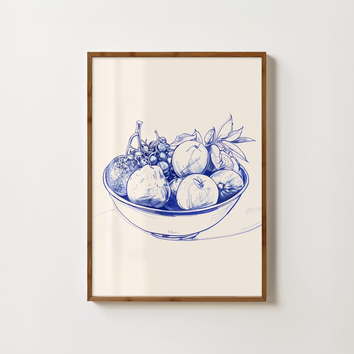 Blue Ink Fruit Bowl Sketch Kitchen Still Life Drawing Poster