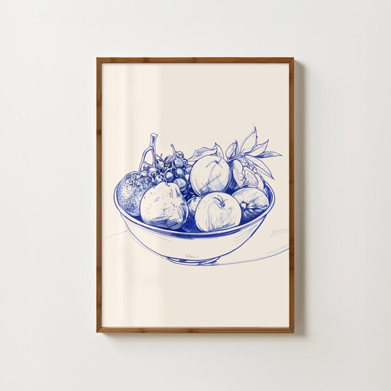 Fruit Bowl Print Neutral Kitchen Decor Fruit Sketch Food Painting Fruit Market Poster Breakfast Prints Farmhouse Kitchen Wall Art Cafe Decor
