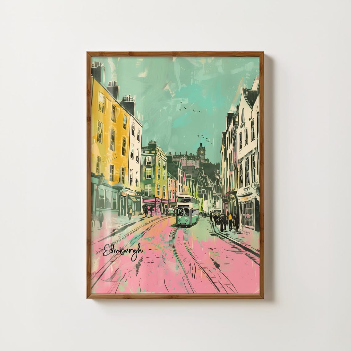 Edinburgh Street With Tram Colorful Hand Drawn Sketch Art Poster