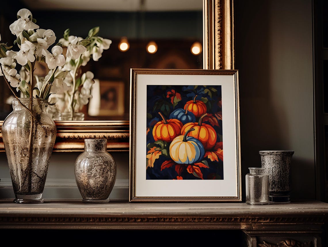 Autumn Pumpkin Patch at Night Blue Orange Harvest Art Poster - Image 3