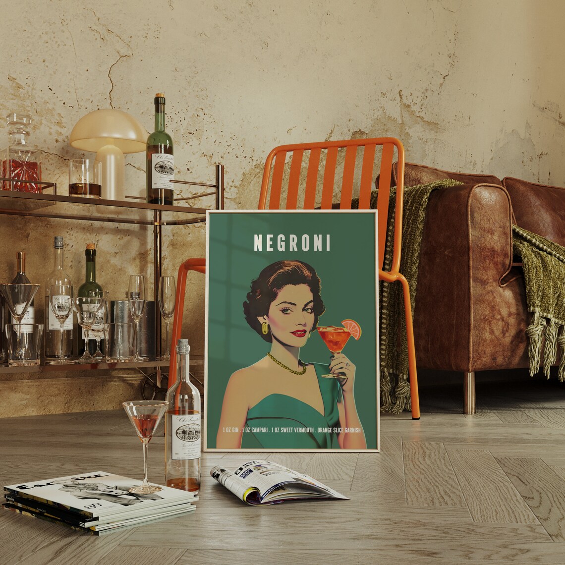 Negroni Retro Cocktail Poster, Bar Cart Kitchen Decor - Image 4