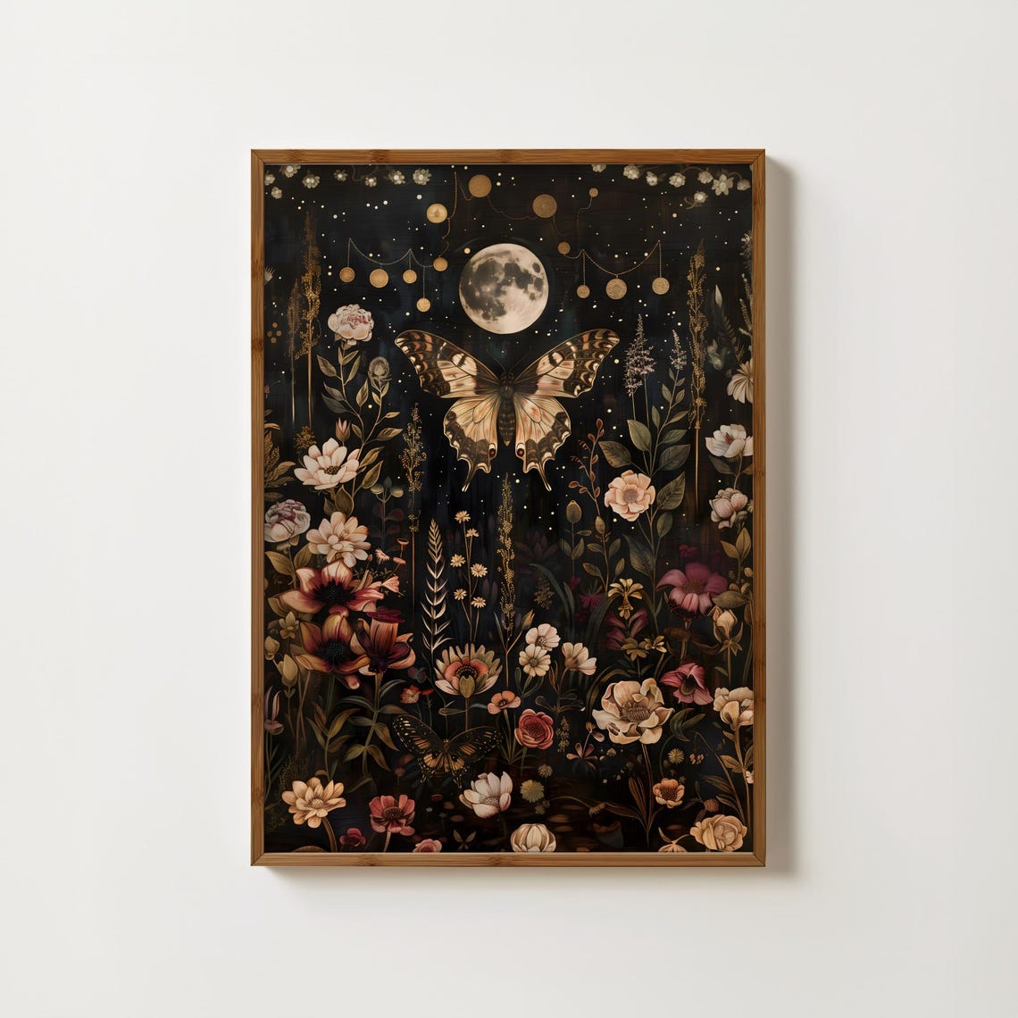 Moonlit Moth Among Wildflowers Celestial Night Garden Art Poster