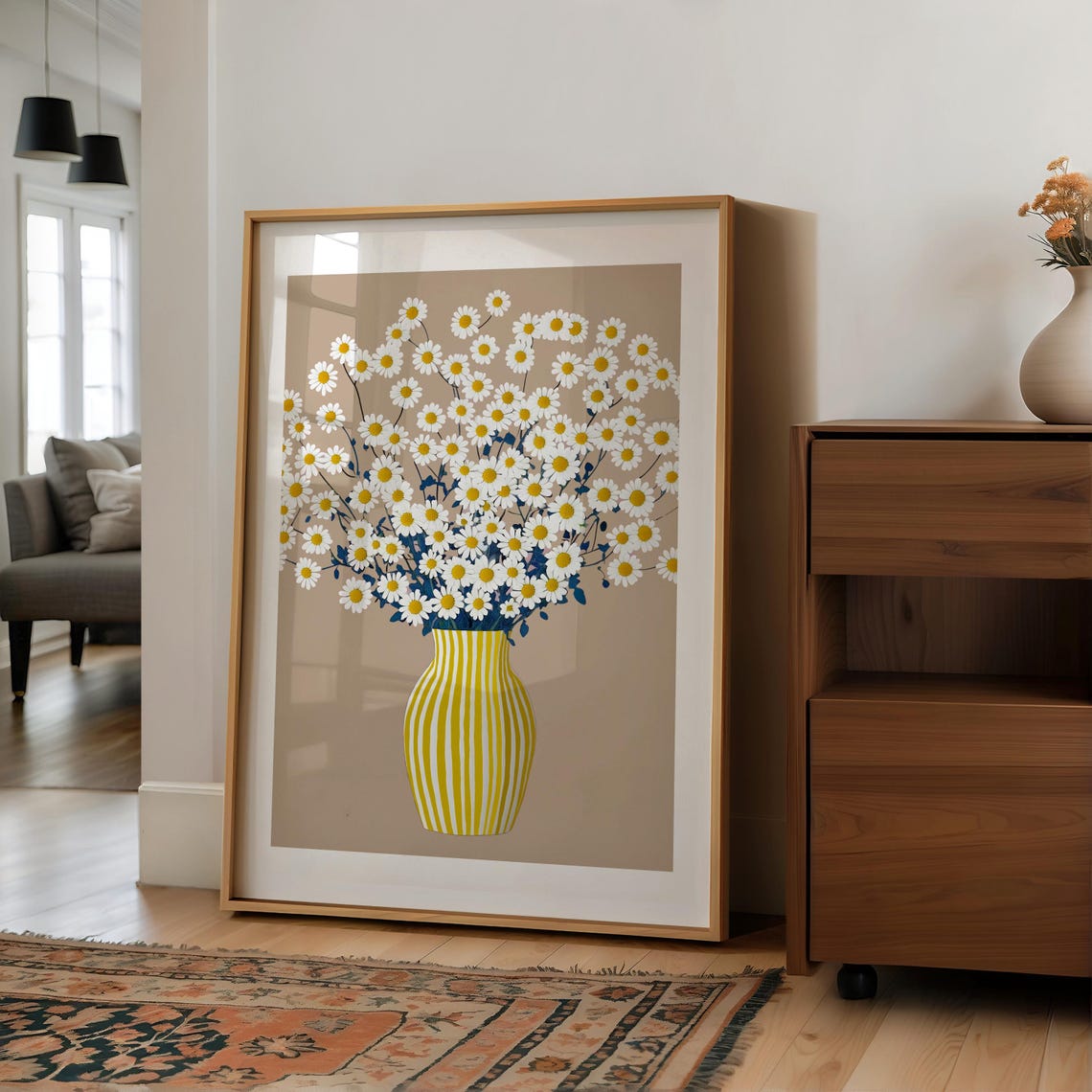 White Daisies Yellow Striped Vase Beige Botanical Wall Art Decor - Image 4
