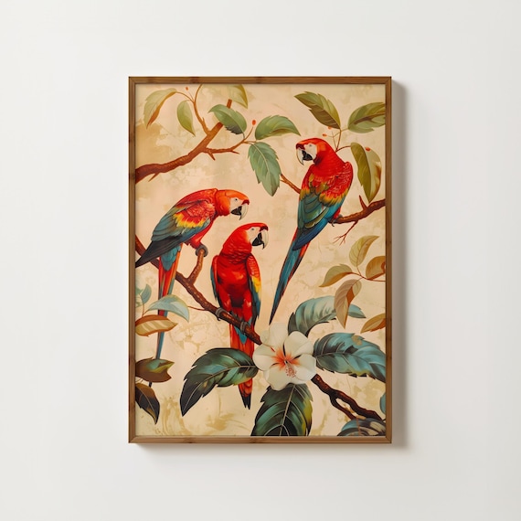 Vintage Parrot Poster, Tropical Bird Wall Decor