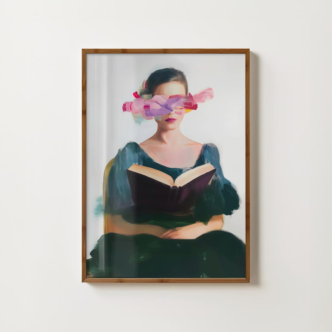 Woman Reading Book Abstract Pink Brushstroke Portrait Poster