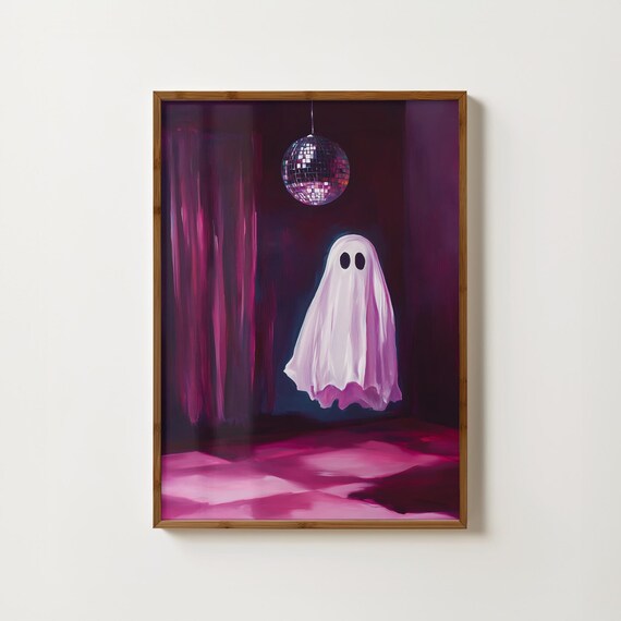 Cute Ghost Floating Under A Disco Ball In A Pink Room Halloween Poster