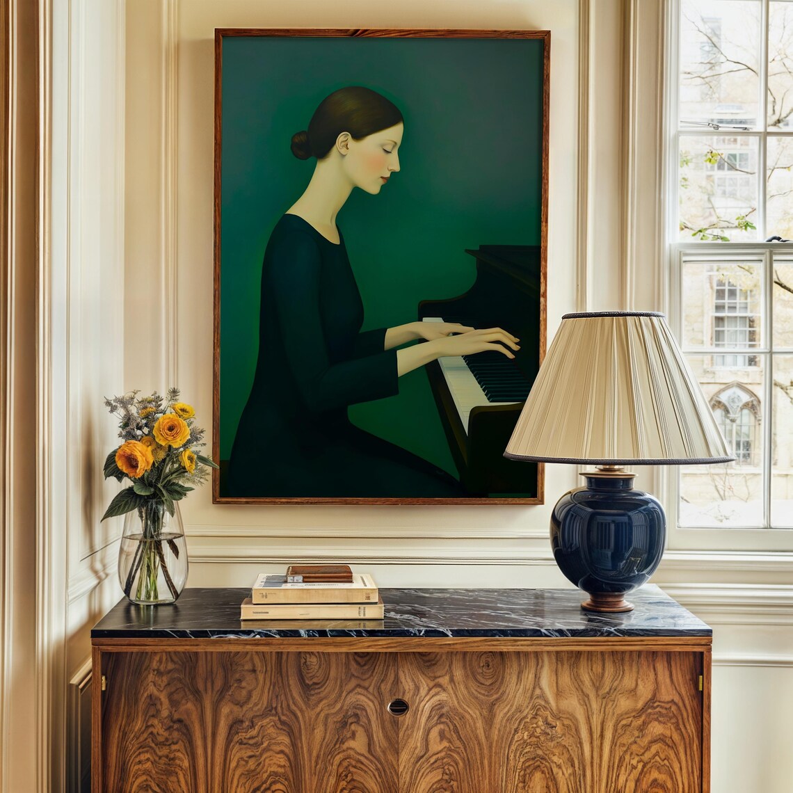 Elegant Woman Playing Grand Piano Against Emerald Green Art Print - Image 3