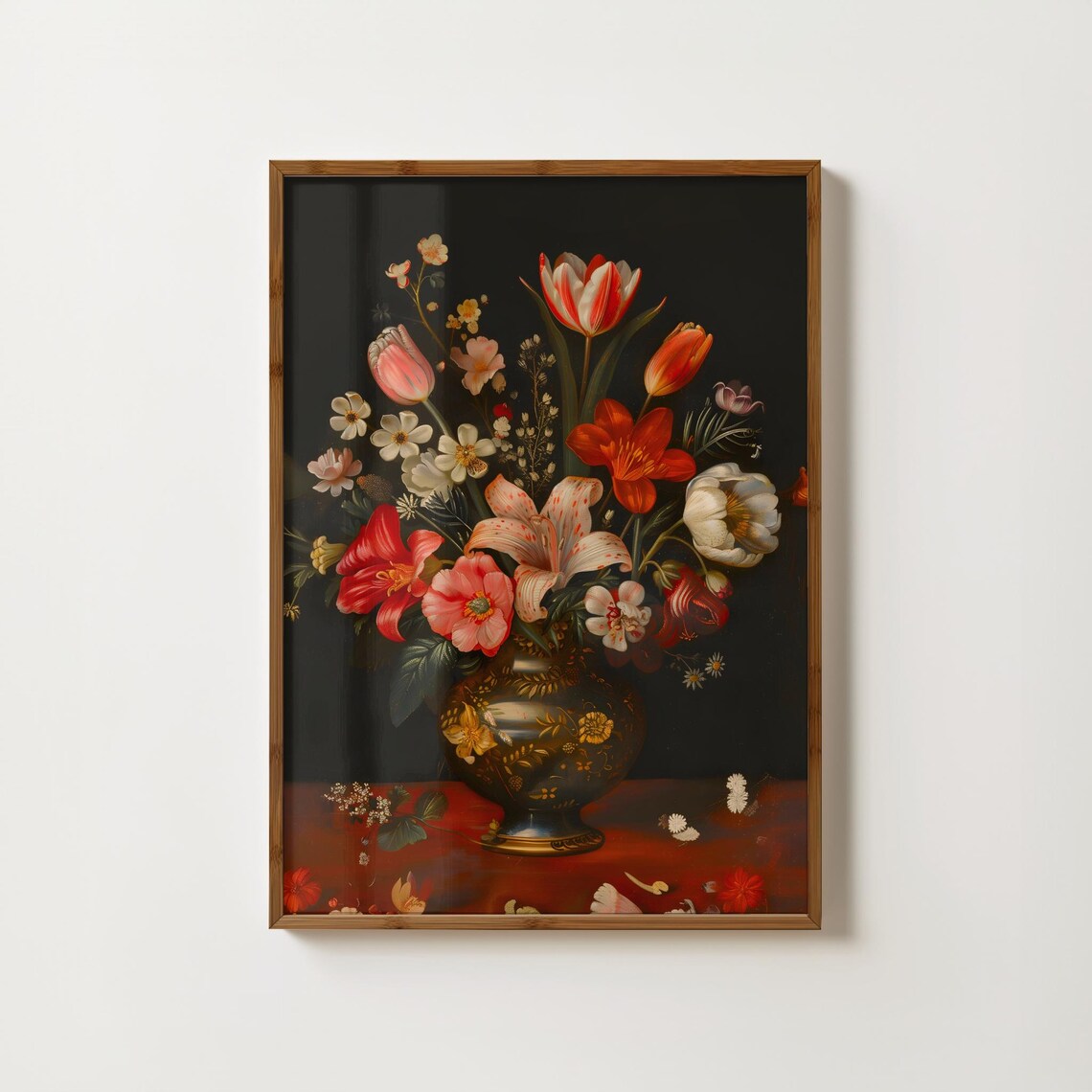 Moody Dark Floral Vase Still Life Vintage Oil Painting Poster