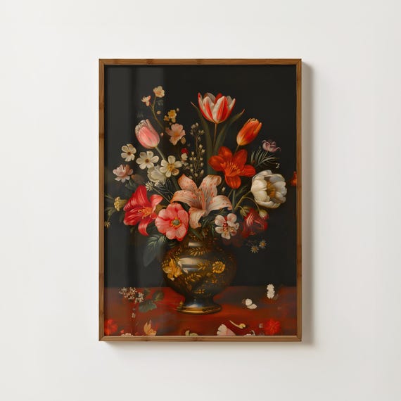 Moody Floral Print Vase Of Flowers Oil Painting Vintage Floral Decor Gothic Art Antique Botanical Print Moody Painting Gothic Gallery Wall