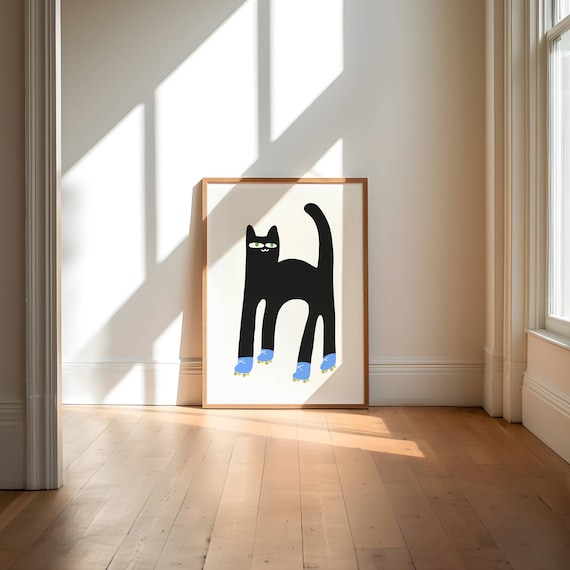 Black Cat Roller Skating Illustrated Animal Art Print