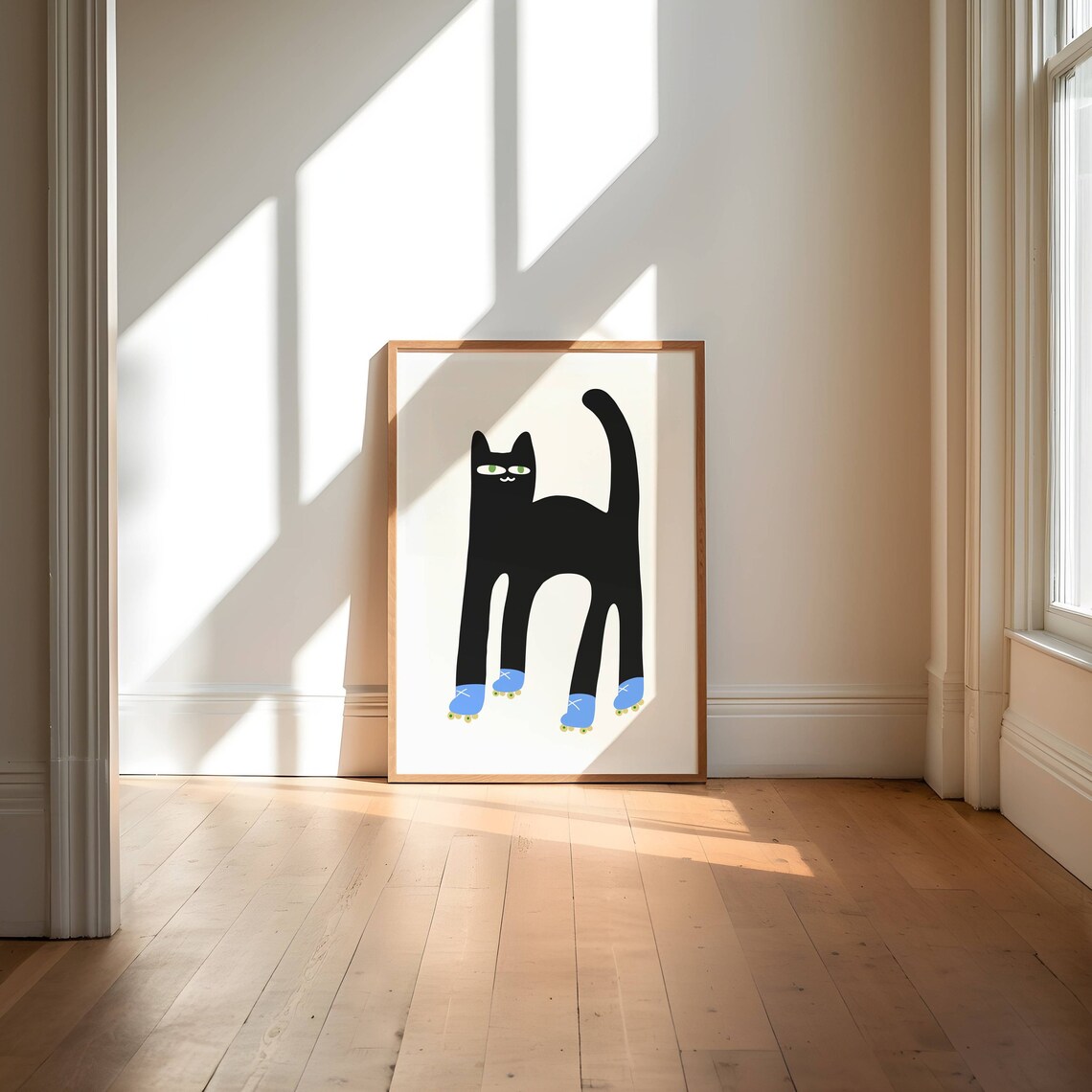 Black Cat Roller Skating Illustrated Animal Art Print