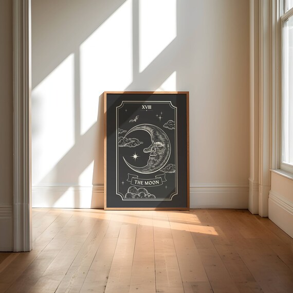The Moon Tarot Card XVIII Vintage Celestial Gothic Art Poster