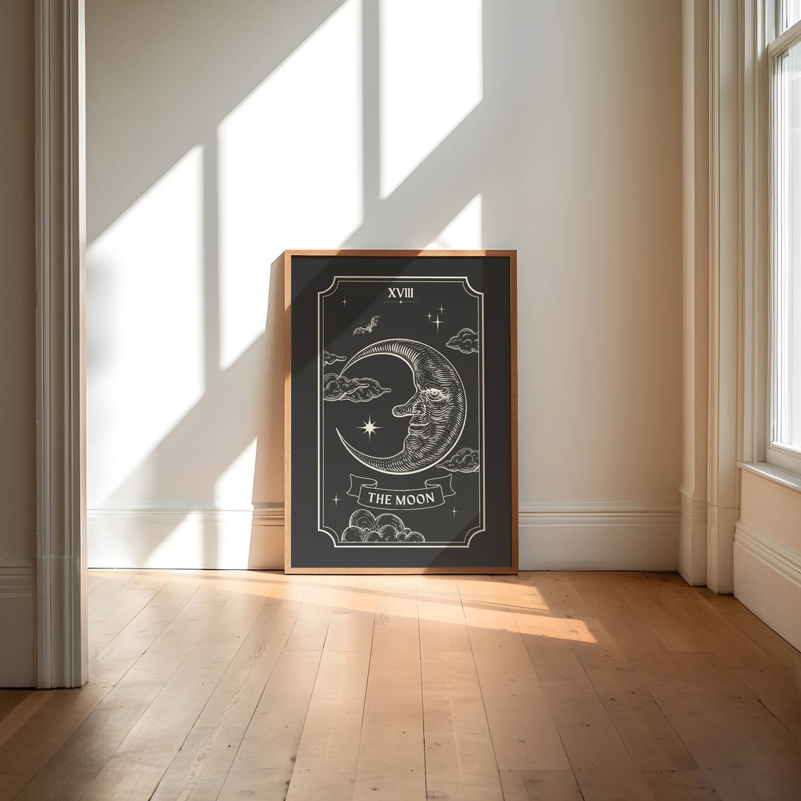 The Moon Tarot Card XVIII Vintage Celestial Gothic Art Poster